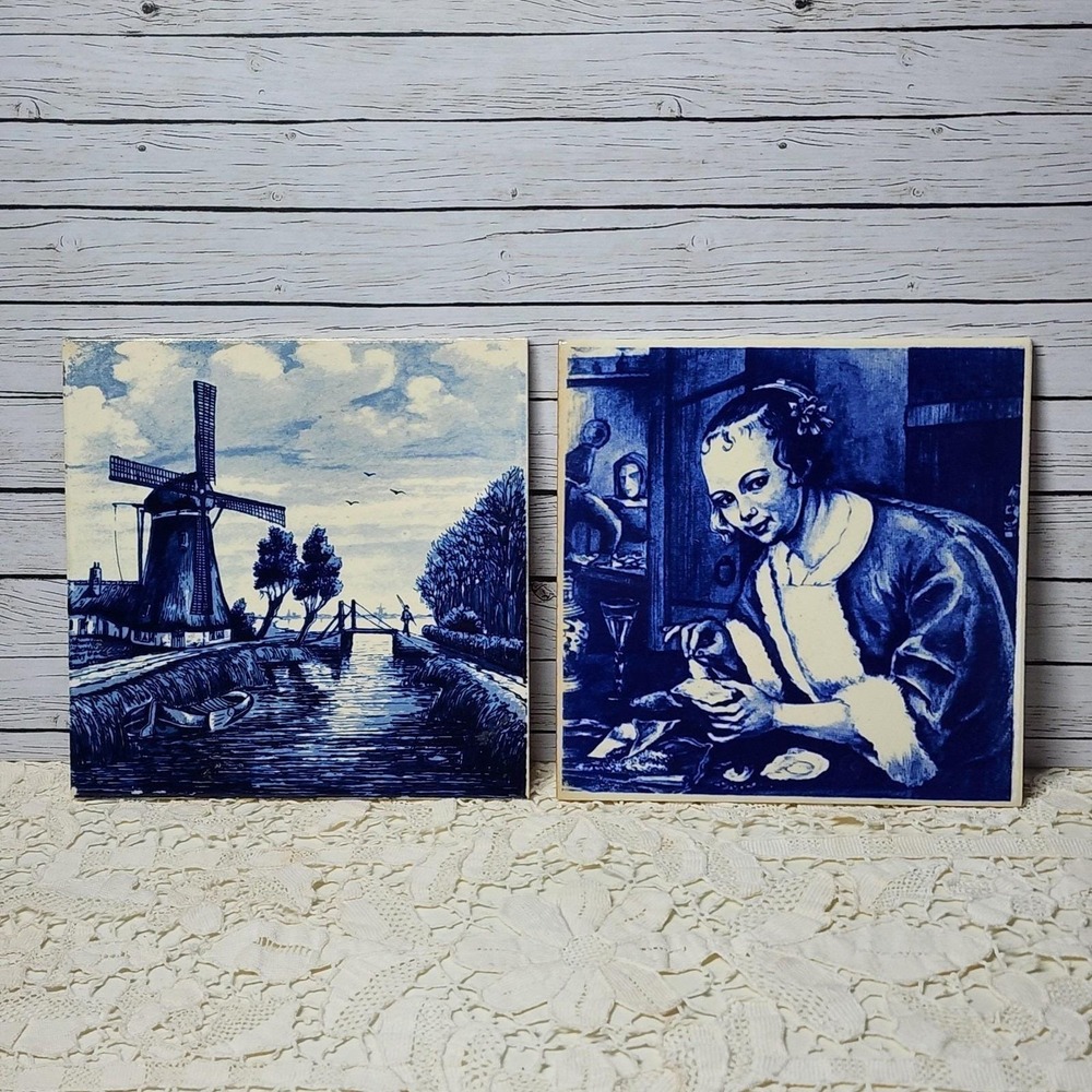 Vintage Delft Blue Holland Windmill Lady‎ Ceramic Tiles Wall Plaques Mosa Dutch